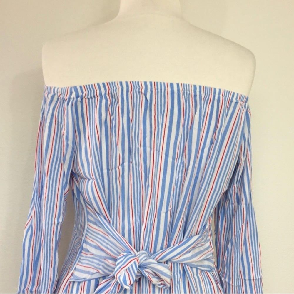 Lucy Love Blue White Stripe Off Shoulder Balloon Sleeve Blouse Tunic Size Large - Picture 9 of 16